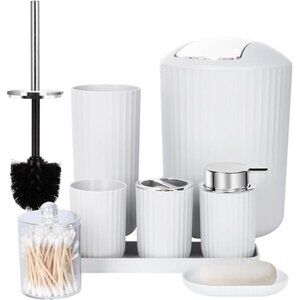 Bathroom Accessories Set 8 Piece White Vanity Soap Dispenser Toothbrush Holder